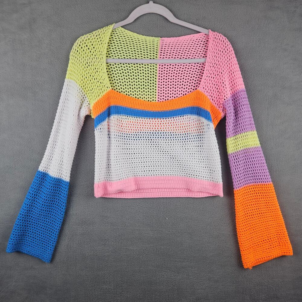 Y2K Rainbow Mesh Crochet Bell Sleeve Top Festival‎ Rave Size Small